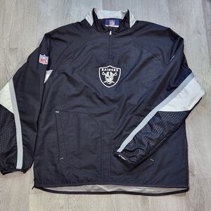 NFL Raiders Sideline Reebok Men Rain Track Jacket Large Black Spell Out Patches